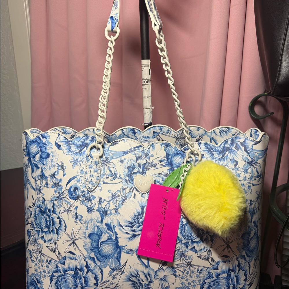 Betsey Johnson-Blue and White Floral Tote with Modern Accents